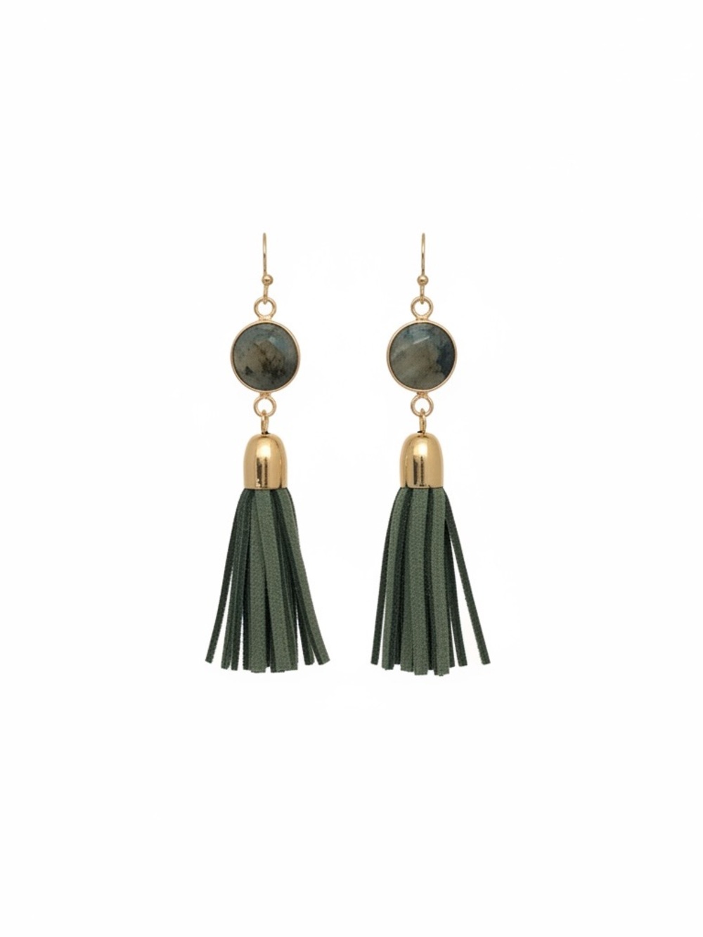 Gold and Olive Tassel Drop Earrings with Stone Accent